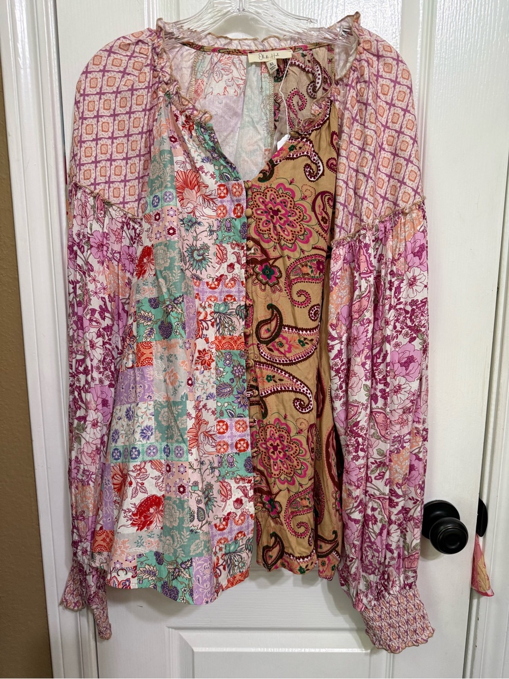 H160 New Oli & Hali XL ptp 23 Boho Patchwork Long-Sleeve Top in Pink Floral - Picture 2 of 10